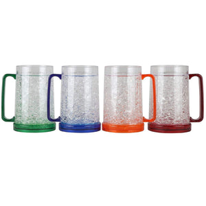Lily's Home Double Wall Gel-Filled Acrylic Freezer Stein Mugs, Great as Old Fashion Drinking Glasses at BBQs and Parties, Clear with Assorted Color Accents (16 oz. Each, Set of 4)