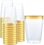 Gold Plastic Clear Cups ~14 oz. 50 Pack ~ Disposable Party Cups with Gold Rim ~ Fancy Wedding Tumblers ~ Elegant Party Supplies & Decorations ~ Gold Rimmed Cup