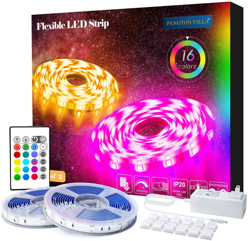 PANGTON VILLA LED Strip Lights, 16.4ft RGB 5050LEDs Color Changing Full Kit with 24key Remote Control and Power Supply Mood Lamp for Room Bedroom Home Kitchen Indoor Decorations