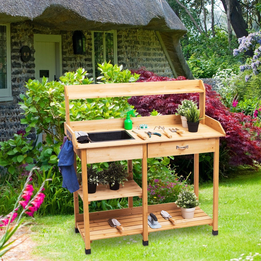 Giantex Potting Bench Solid Wood Outdoor Garden Patio Planting Workstation W/Storage Shelf and Hooks