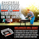 Grillaholics Grill Basket - Large Grilling Basket for More Vegetables - Heavy Duty Stainless Steel Grilling Accessories Built to Last - Perfect Vegetable Grill Basket for All Grills and Veggies