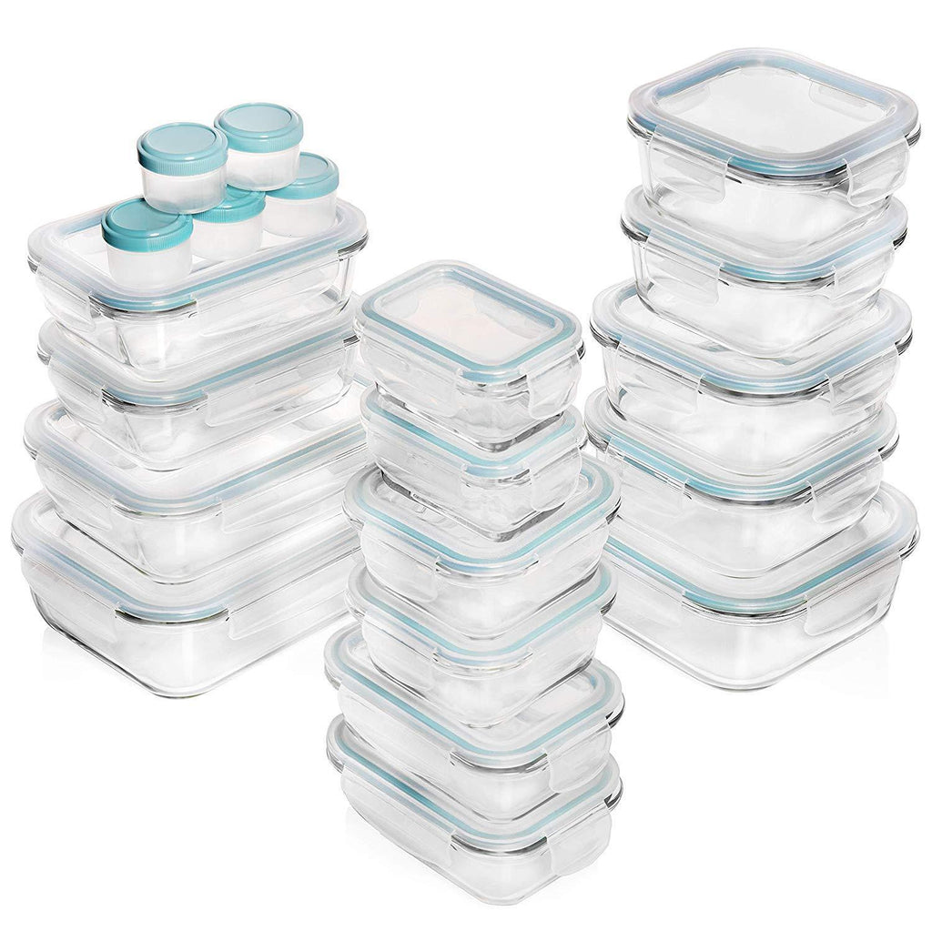 KOMUEE 30 Piece (15 containers,15 lids) Glass Food Storage or Lunch Box Containers w/Airtight Lids - Microwave/Oven/Freezer & Dishwasher Safe, BPA/PVC Free - 5 BONUS Plastic Containers for Condiments