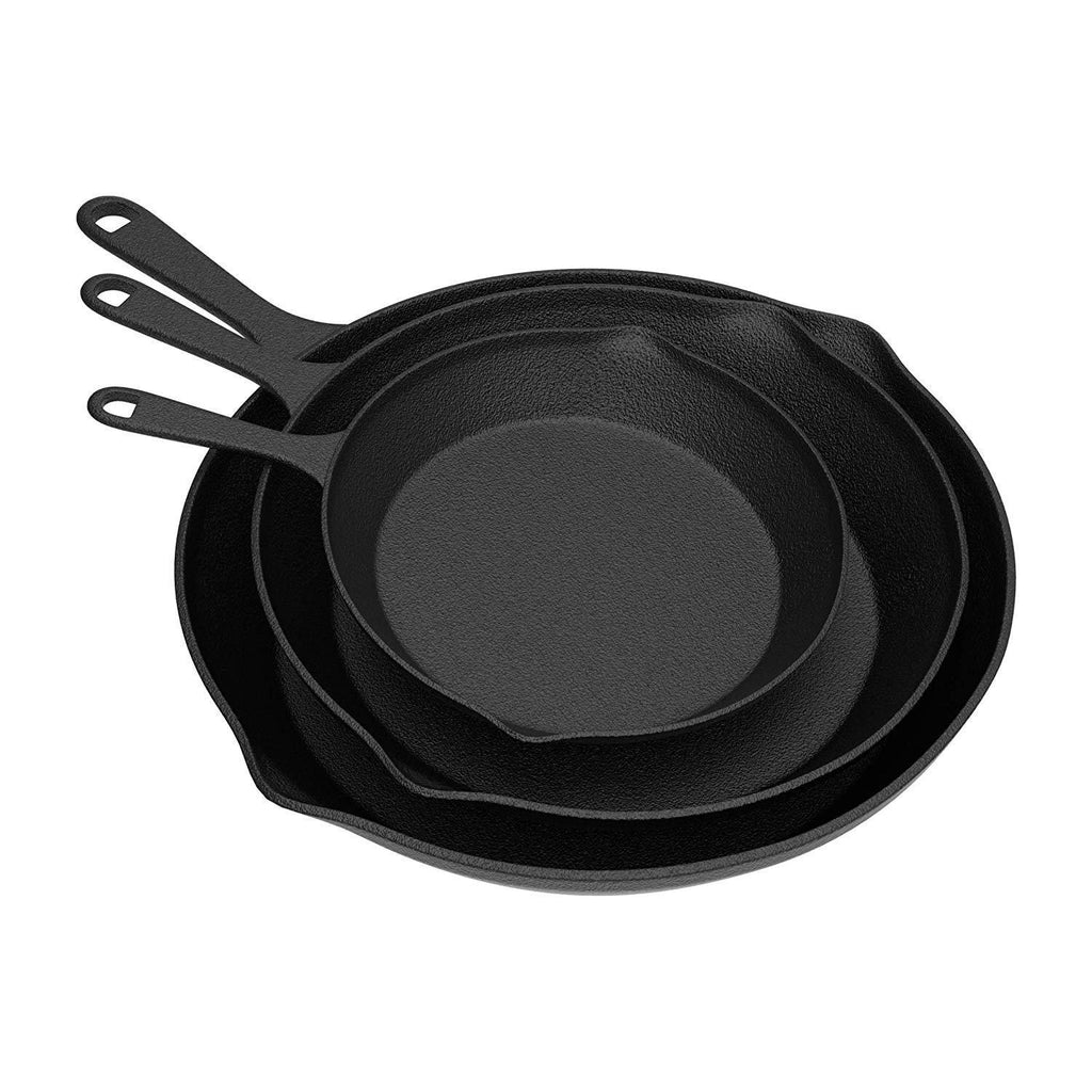 Home-Complete HC-5003 Frying Pans-Set of 3 Cast Iron Pre-Seasoned Nonstick Skillets in 10”, 8”, 6” Cook Eggs, Meat, Pancakes, and More-Kitchen Cookware, 3-Pack, Black