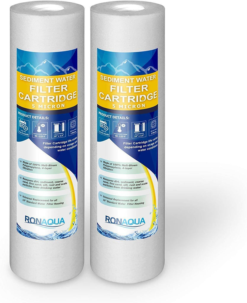Sediment Water Filter Cartridge by Ronaqua 10"x 2.5", Four Layers of Filtration, Removes Sand, Dirt, Silt, Rust, made from Polypropylene (50 Pack, 5 Microns)