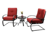 PHI VILLA Outdoor Springs Motion Chairs and Round Table Bistro Furniture Set with Red Cushioned Seats