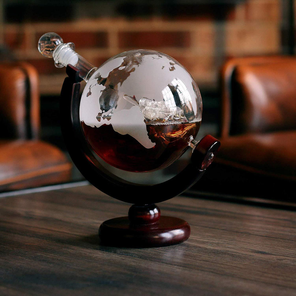 Whiskey Globe Decanter Set with Etched World Map and Antique Ship – Wooden Base and Safe Package – Perfect Gift Set for Liquor, Scotch, Bourbon, Vodka and Wine