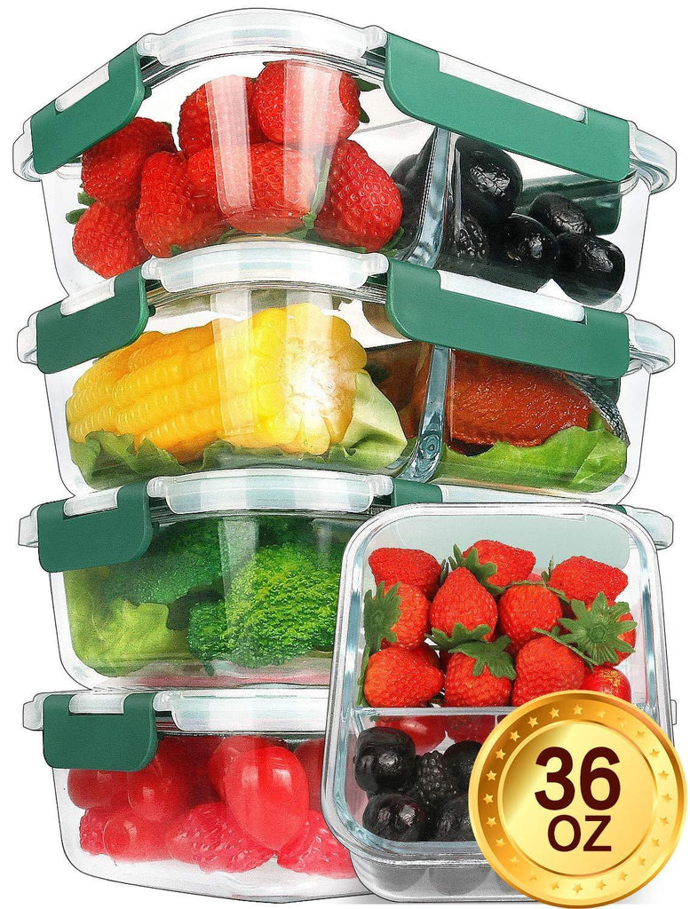 Glass Meal Prep Containers [5-Pack,36oz] - KOMUEE Food Prep Containers with LIFETIME Lids Meal Prep - Glass Food Storage Containers Airtight
