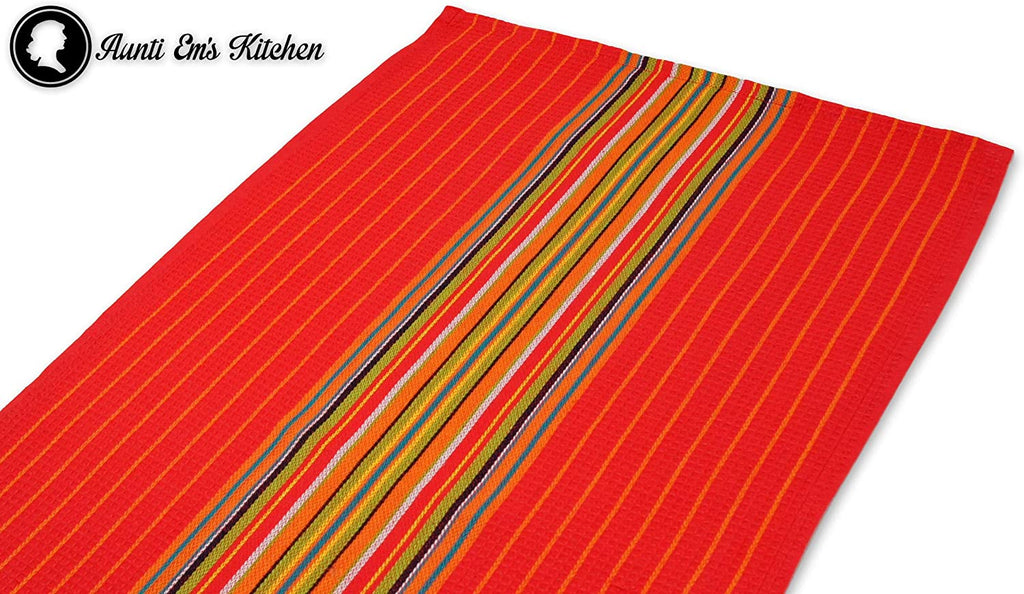 Aunti Em's Kitchen Kitchen Dish Towels Salsa Stripe - 100% Natural Absorbent Cotton (Size 28 x 16 inches) Festive Red, Orange, Green and Blue, 12-Pack