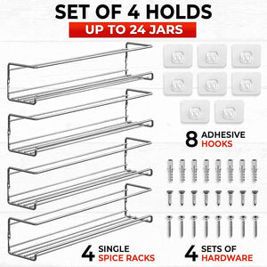 Hanging Spice Rack Organizer - Wall Mount Spice Rack - Cabinet Door Spice Rack - Seasoning Rack - Hanging Racks For Cabinet, Cupboard or Pantry Door - Spice Shelf - Set of 4 - Chrome