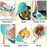 Kitchen Utensil Set Silicone Cooking Utensils, CROSDE 15pcs Kitchen Utensils Set Tools Wooden Handles Spatula Set Cookware Turner Tongs Spatula Spoon Kitchen Gadgets with Holder - Teal