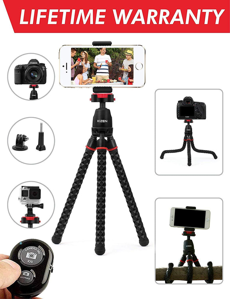 Kizen Phone Tripod with Wireless Remote. Adjustable Camera Stand Holder, Flexible Tripod with Universal Phone Clip.