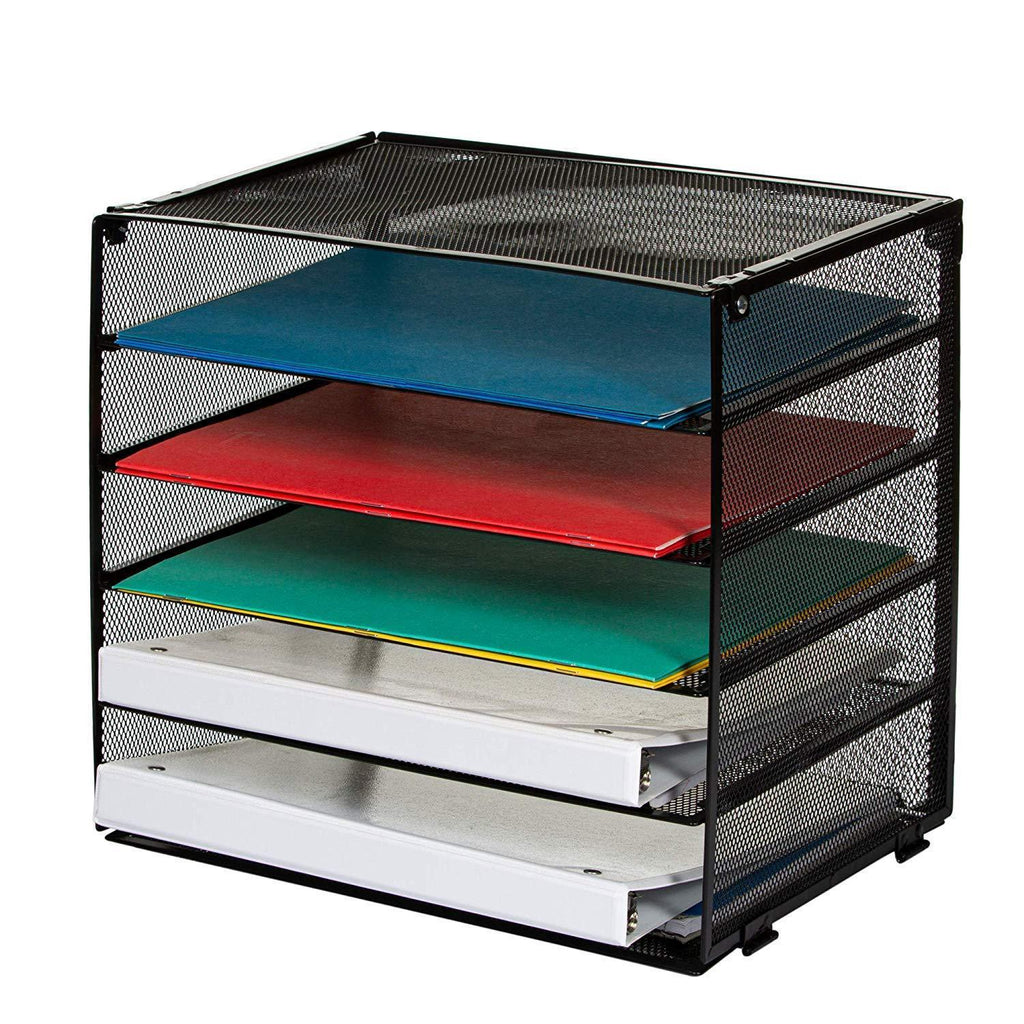 Paper Organizer – Desk File Sorter – 5 Tier Letter Tray for Office – Large Mesh Metal Tray for Paperwork and Files – Stackable Trays and Sorter with Retractable Tiers – Heavy Duty Metal Construction