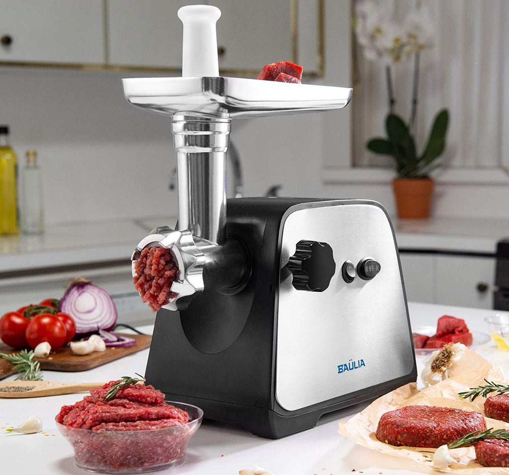 Baulia MG806 Electric Grinder for Home Use, 3 Cutting Blades & Stuffing Tubes, Stainless Steel Meat Mincer for Making Sausages, Chopped Liver, Size #10, Silver