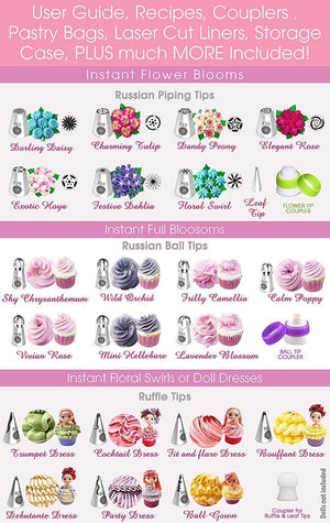 CUPCAKE RUSSIAN PIPING TIPS SET - Best 69pc Edible Flowers Cake Decorating Kit, Large Frosting Nozzles. Bonus Icing Pastry Bags. Extra Couplers. Baking Accessories and Supplies. Ball Flower Nozzle