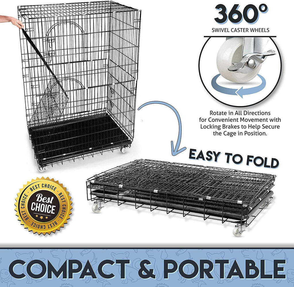 Petsmatig Wire Cat Cage: Spacious Foldable Metal Pet Crate Playpen with 3 Openings, 3 Platforms, 3 Ladders, 1 Hammock, 1 Bottom Tray, 4 Wheels and Free Grooming Gloves