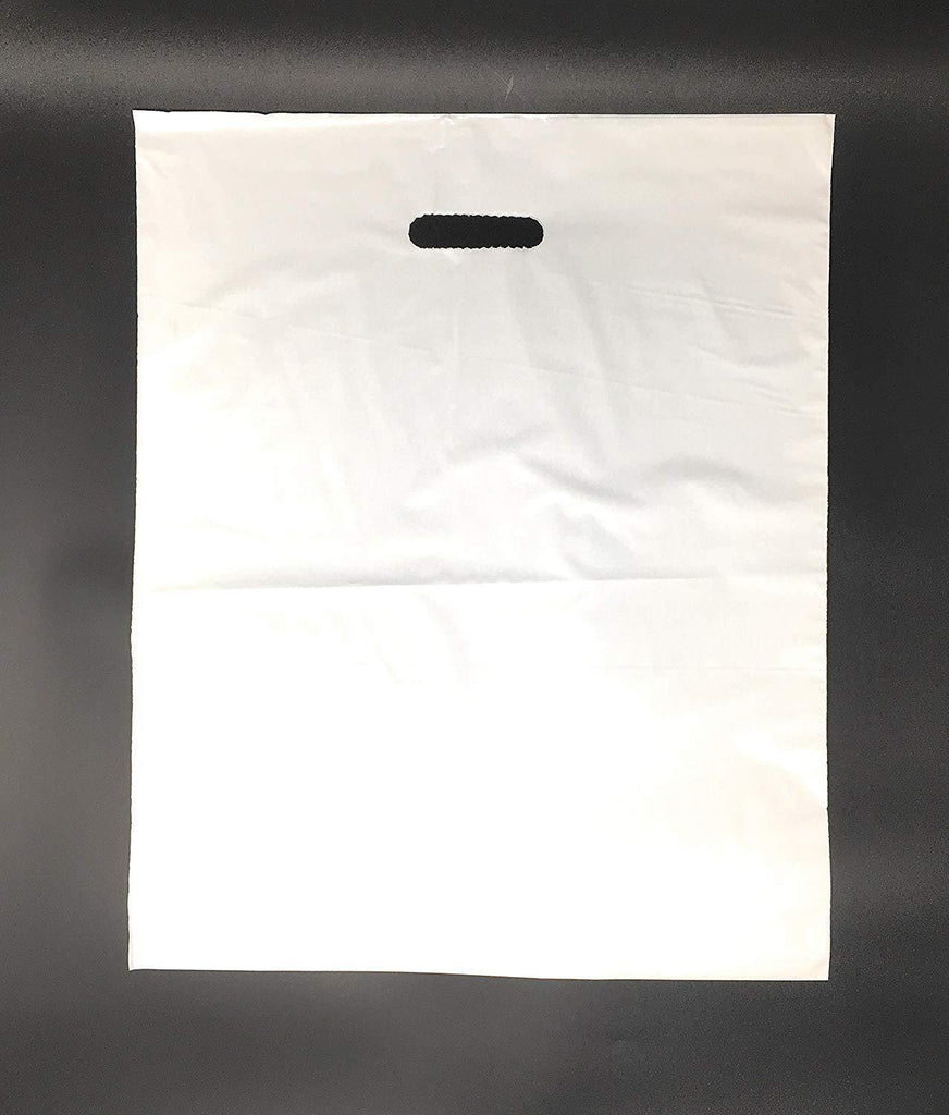 100 Pack 15" x 18" with 2 mil Thick White Merchandise Plastic Glossy Retail Bags | Die Cut Handles | Perfect for Shopping, Party Favors, Birthdays, Children Parties | Color White | 100% Recyclable