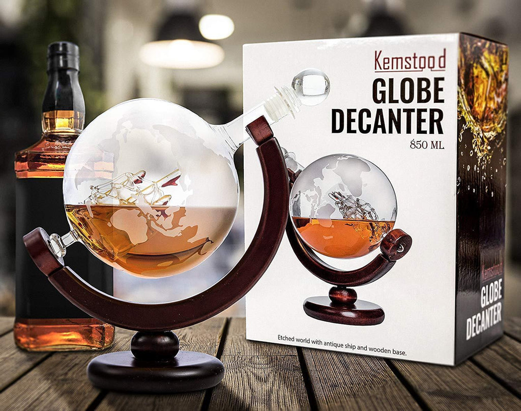 Whiskey Globe Decanter Set with Etched World Map and Antique Ship – Wooden Base and Safe Package – Perfect Gift Set for Liquor, Scotch, Bourbon, Vodka and Wine
