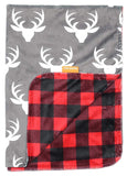 Dear Baby Gear Deluxe Reversible Baby Blankets, Custom Minky Print White Antlers, Red and Black Buffalo Plaid Minky