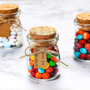 Glass Favor Jars With Cork Lids - Mason Jar Wedding Favors Apothecary Jars Honey Pot Bottles With Personalized Label Tags and String - 3.4oz [12pc Bulk Set] Ideal For Spices, Candy and Candle Making by Otis Classic