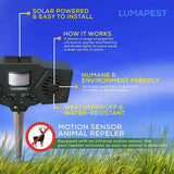 Lumapest Ultrasonic Outdoor Pest & Animal Repeller Upgraded Version - Solar Powered Motion Activated Sensor - Humane, Eco-Friendly - Effective Pest & Animal Management Without Traps or Chemicals